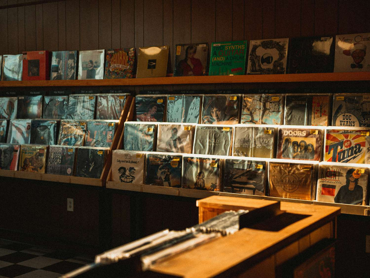 Vinyl records stored upright on wooden shelves