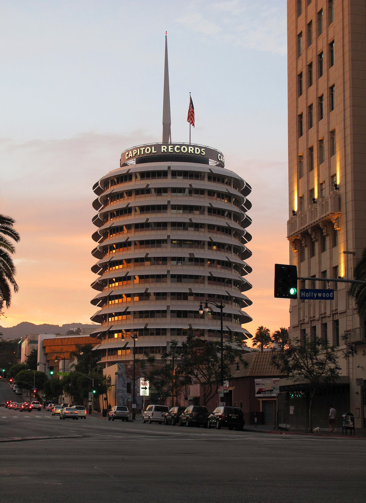 The Capitol Records Tower in Hollywood at sunset