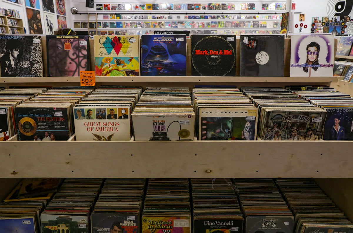 Record store bins full of vinyl